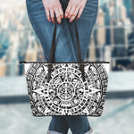 White And Black Maya Calendar Print Leather Tote Bag