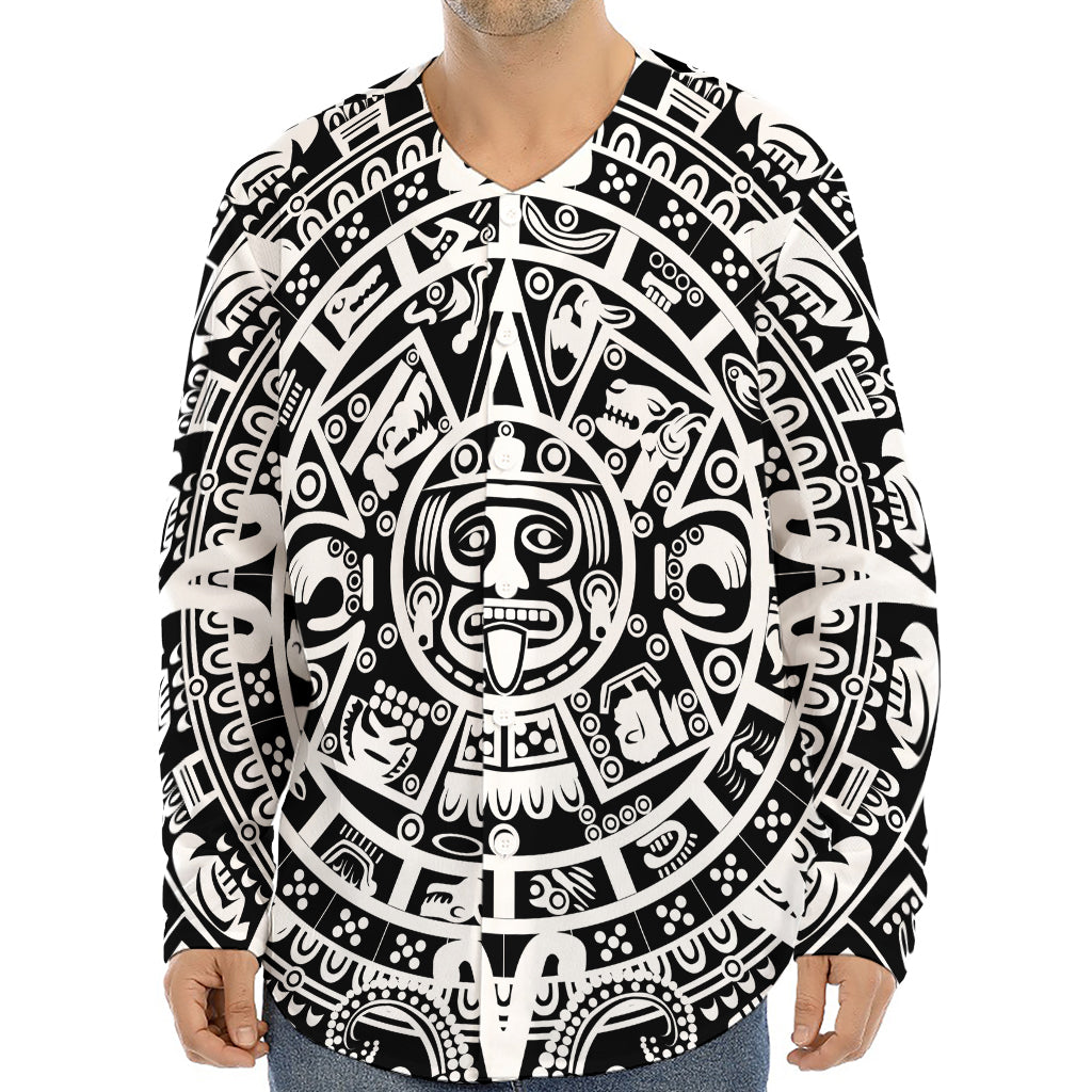 White And Black Maya Calendar Print Long Sleeve Baseball Jersey