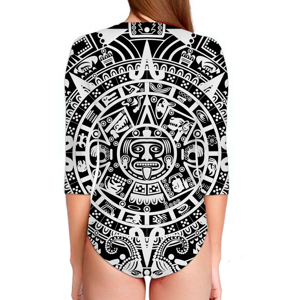 White And Black Maya Calendar Print Long Sleeve Swimsuit