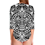 White And Black Maya Calendar Print Long Sleeve Swimsuit