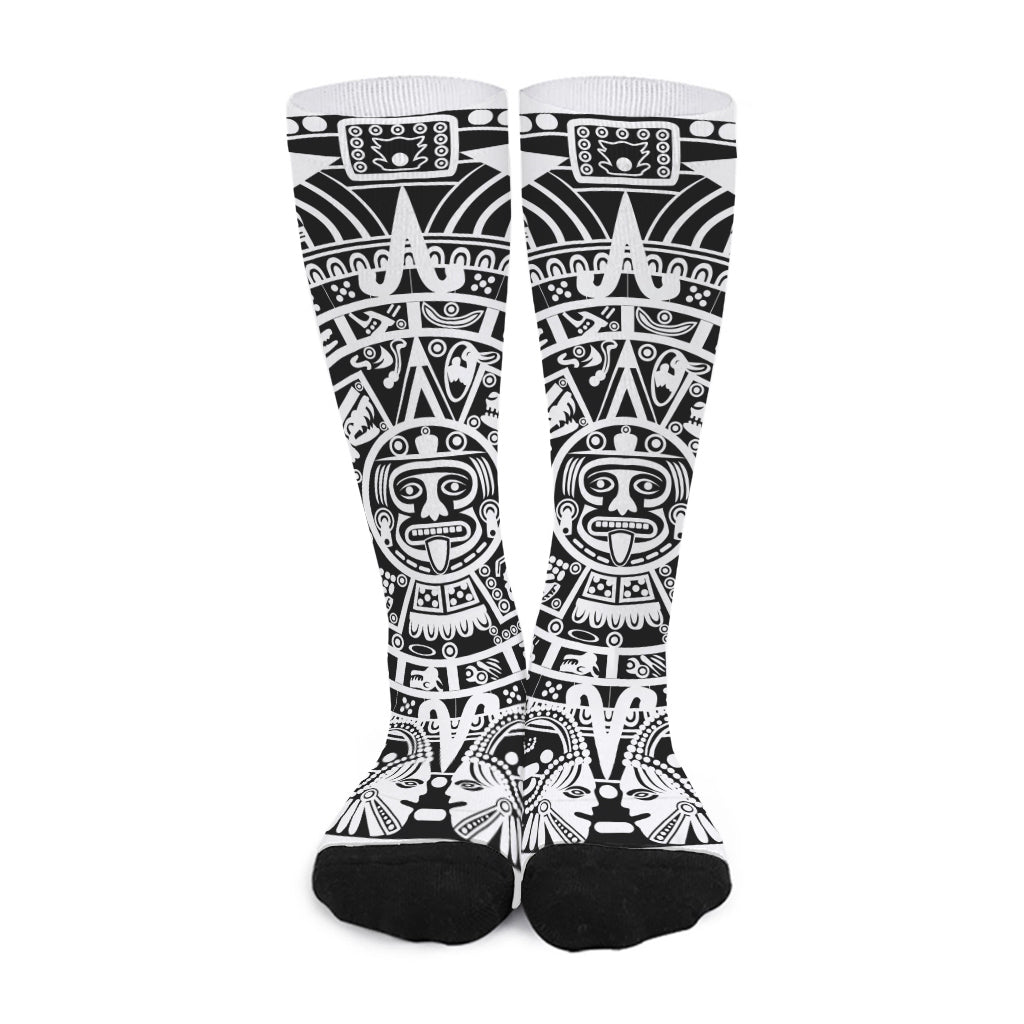 White And Black Maya Calendar Print Long Socks