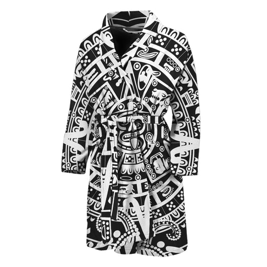 White And Black Maya Calendar Print Men's Bathrobe
