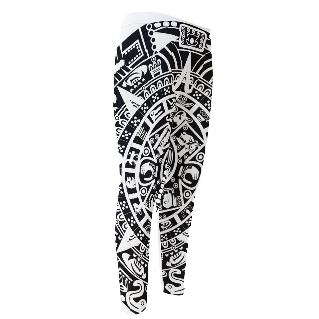 White And Black Maya Calendar Print Men's Compression Pants