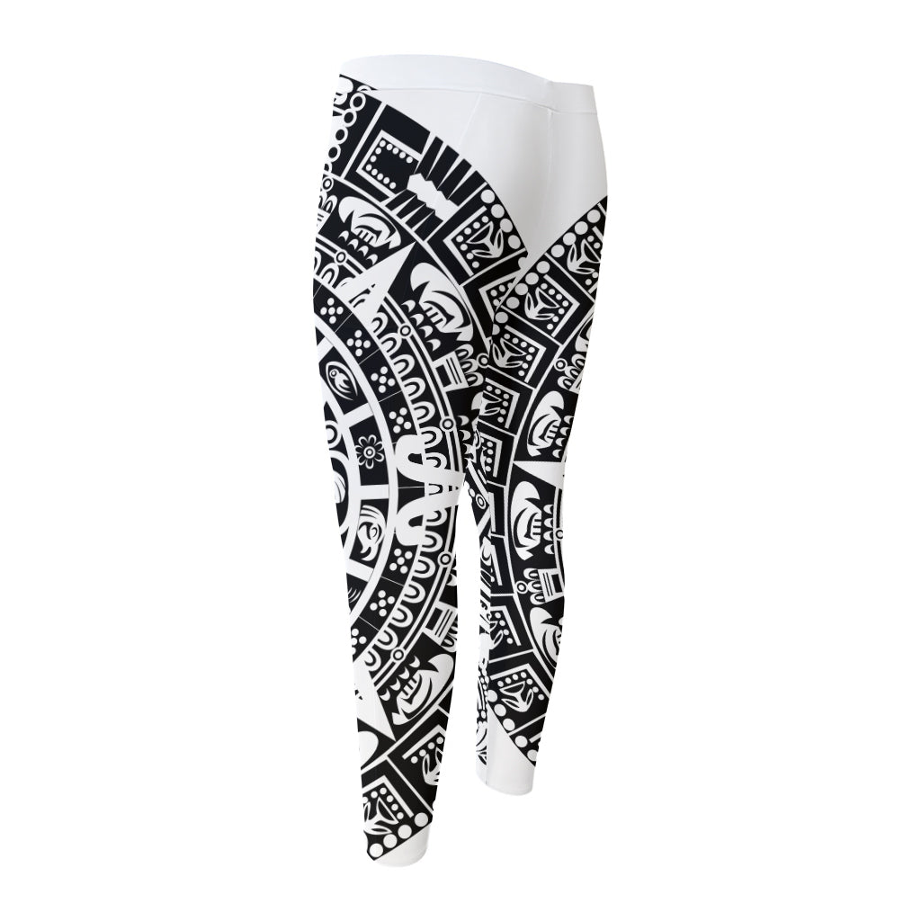 White And Black Maya Calendar Print Men's Compression Pants
