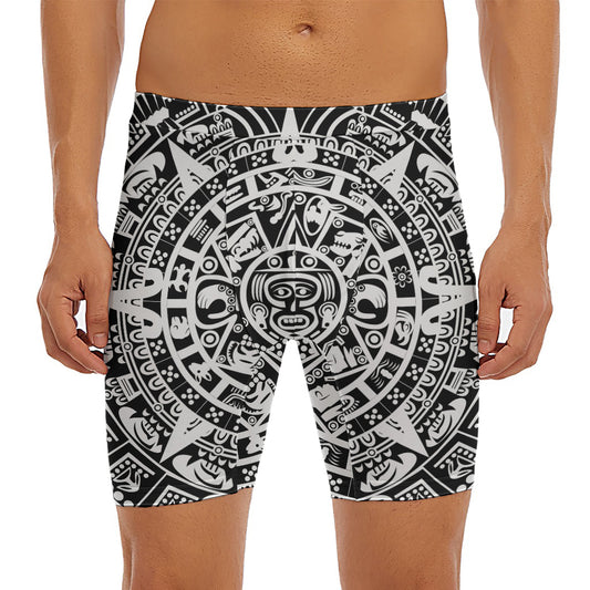 White And Black Maya Calendar Print Men's Long Boxer Briefs