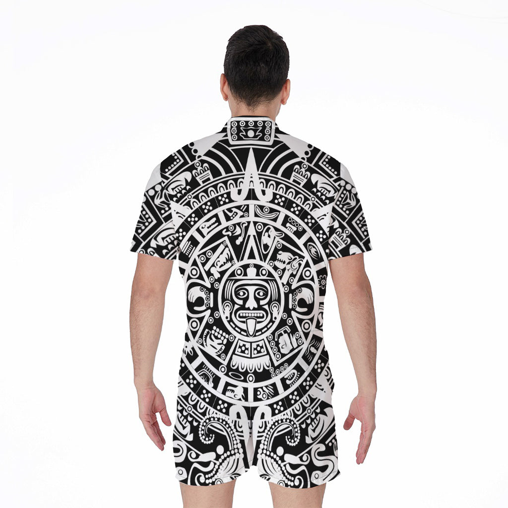 White And Black Maya Calendar Print Men's Rompers