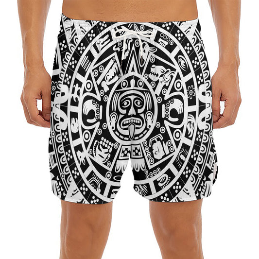 White And Black Maya Calendar Print Men's Split Running Shorts