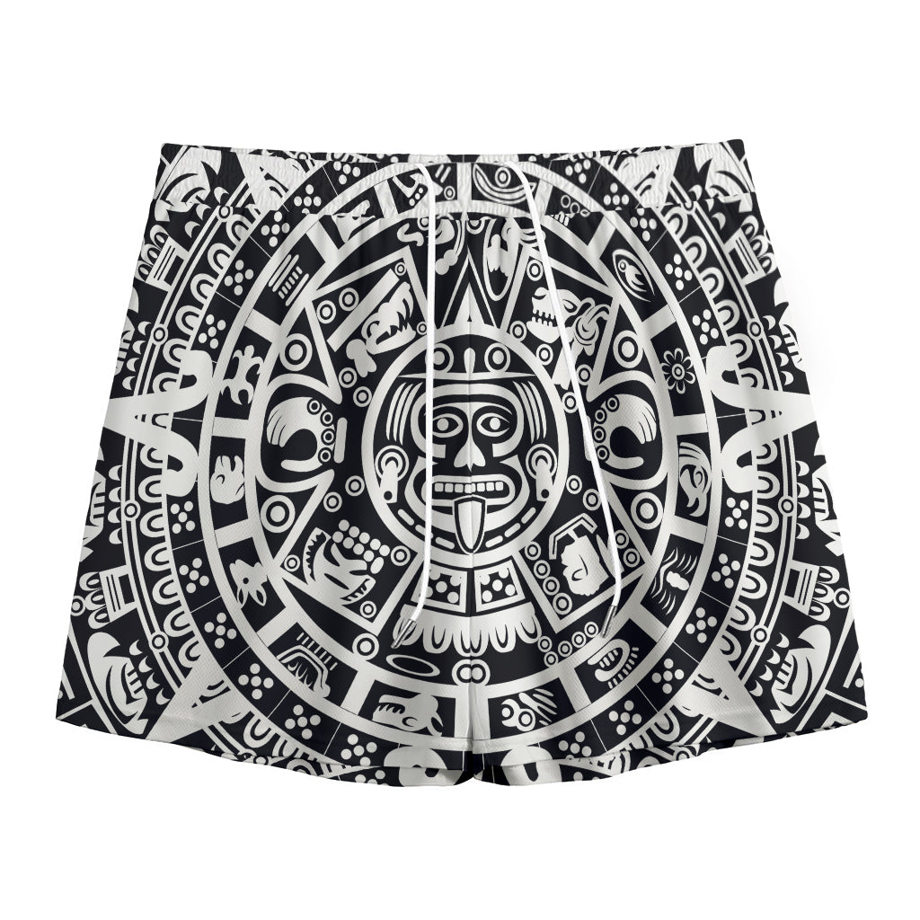 White And Black Maya Calendar Print Mesh Shorts