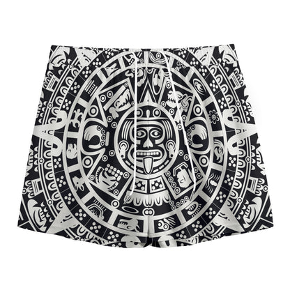 White And Black Maya Calendar Print Mesh Shorts