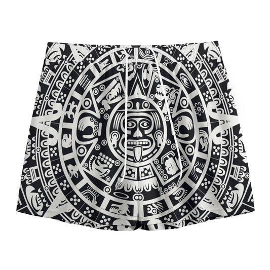 White And Black Maya Calendar Print Mesh Shorts
