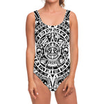 White And Black Maya Calendar Print One Piece Swimsuit
