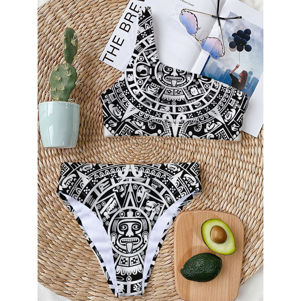 White And Black Maya Calendar Print One Shoulder Bikini Top