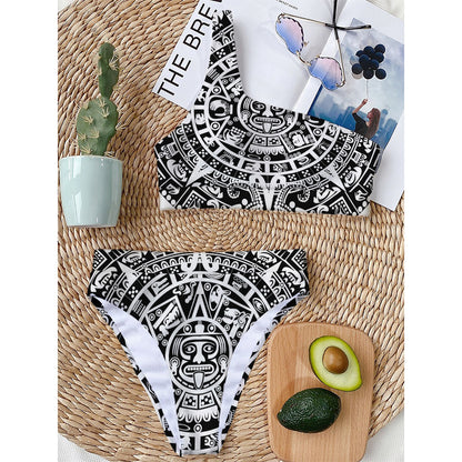 White And Black Maya Calendar Print One Shoulder Bikini Top