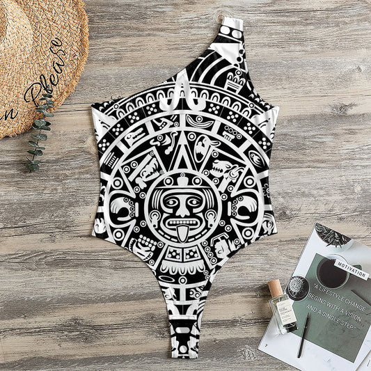 White And Black Maya Calendar Print One Shoulder Bodysuit