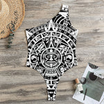 White And Black Maya Calendar Print One Shoulder Bodysuit