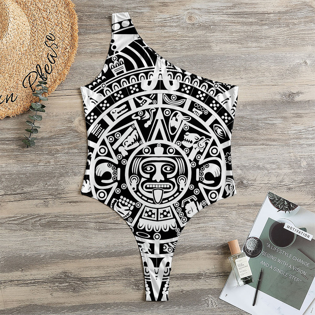 White And Black Maya Calendar Print One Shoulder Bodysuit