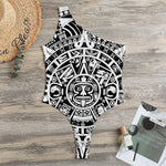 White And Black Maya Calendar Print One Shoulder Bodysuit