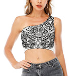 White And Black Maya Calendar Print One Shoulder Crop Top