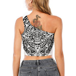 White And Black Maya Calendar Print One Shoulder Crop Top