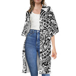 White And Black Maya Calendar Print Open Front Beach Cover Up