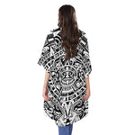 White And Black Maya Calendar Print Open Front Beach Cover Up