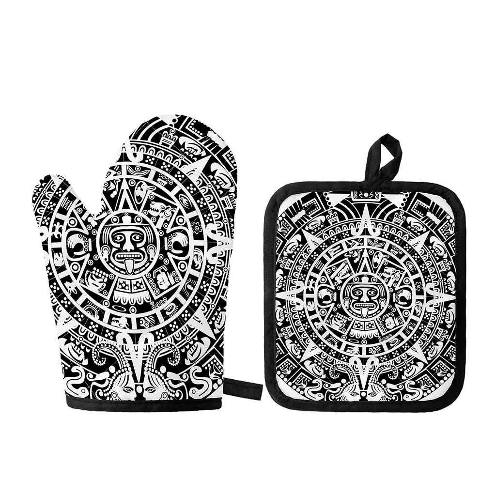 White And Black Maya Calendar Print Oven Mitt And Pot Holder Set