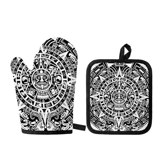 White And Black Maya Calendar Print Oven Mitt And Pot Holder Set