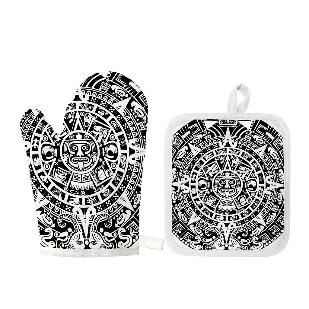 White And Black Maya Calendar Print Oven Mitt And Pot Holder Set