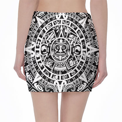 White And Black Maya Calendar Print Pencil Mini Skirt