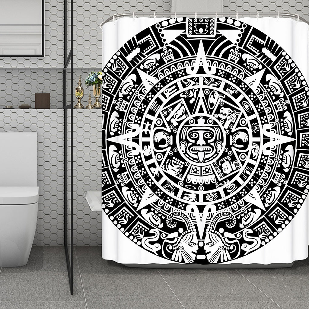 White And Black Maya Calendar Print Polyester Shower Curtain