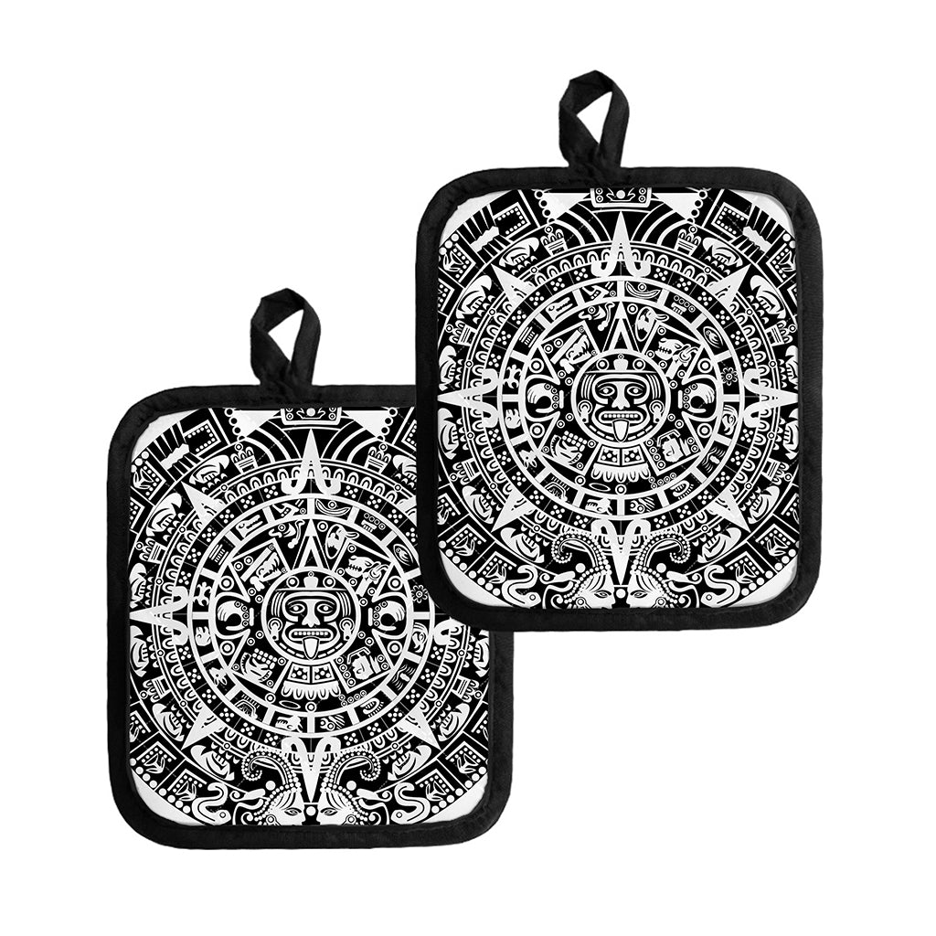 White And Black Maya Calendar Print Pot Holders