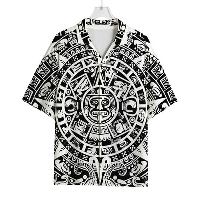 White And Black Maya Calendar Print Rayon Hawaiian Shirt