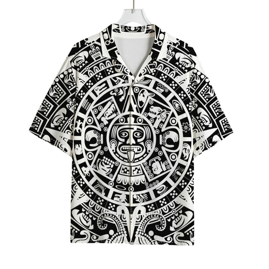 White And Black Maya Calendar Print Rayon Hawaiian Shirt