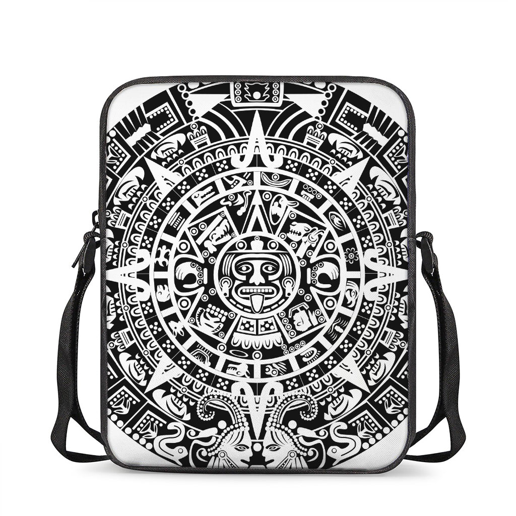 White And Black Maya Calendar Print Rectangular Crossbody Bag