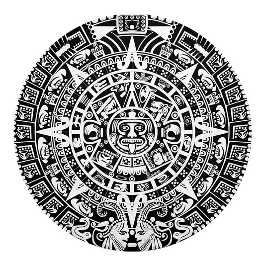 White And Black Maya Calendar Print Round Blanket