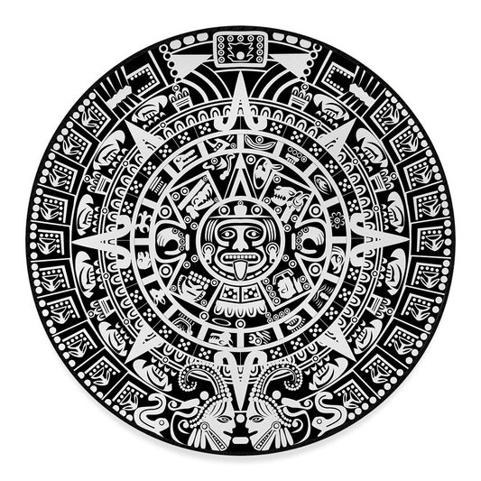 White And Black Maya Calendar Print Round Floor Mat