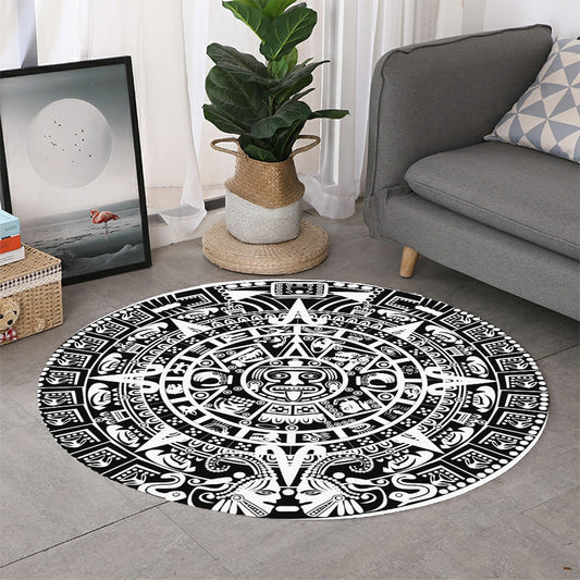 White And Black Maya Calendar Print Round Rug