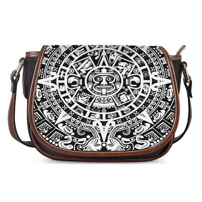 White And Black Maya Calendar Print Saddle Bag