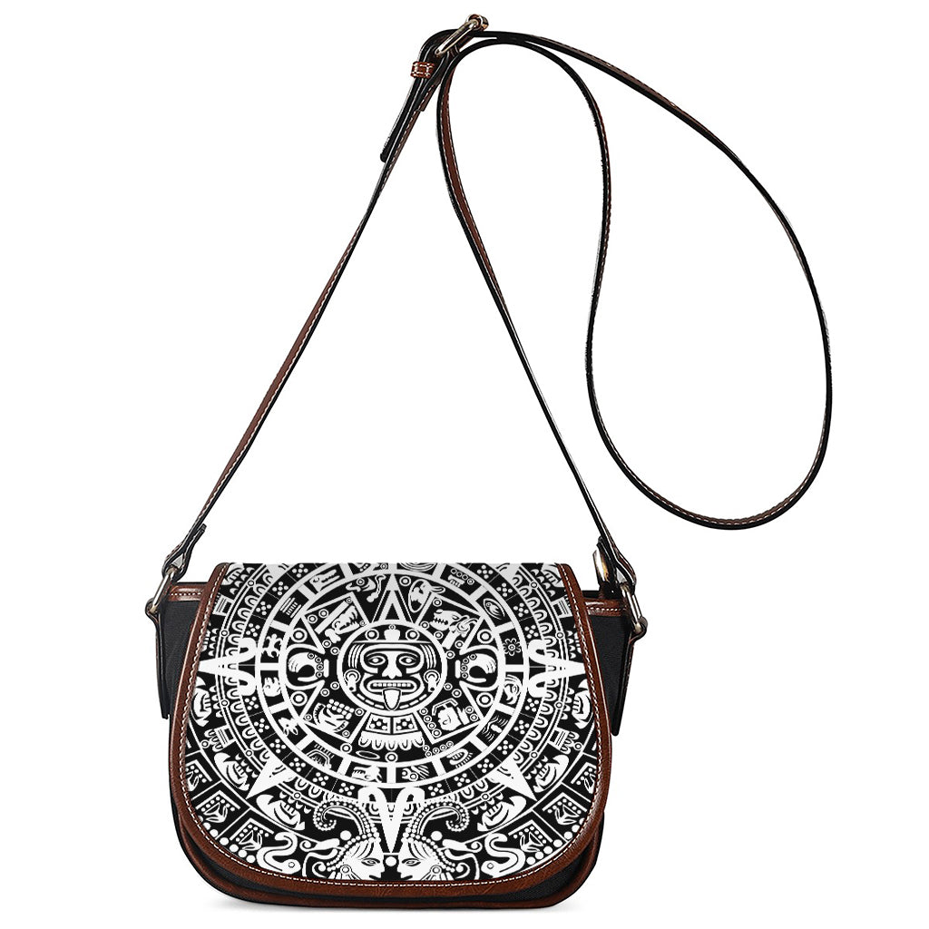 White And Black Maya Calendar Print Saddle Bag