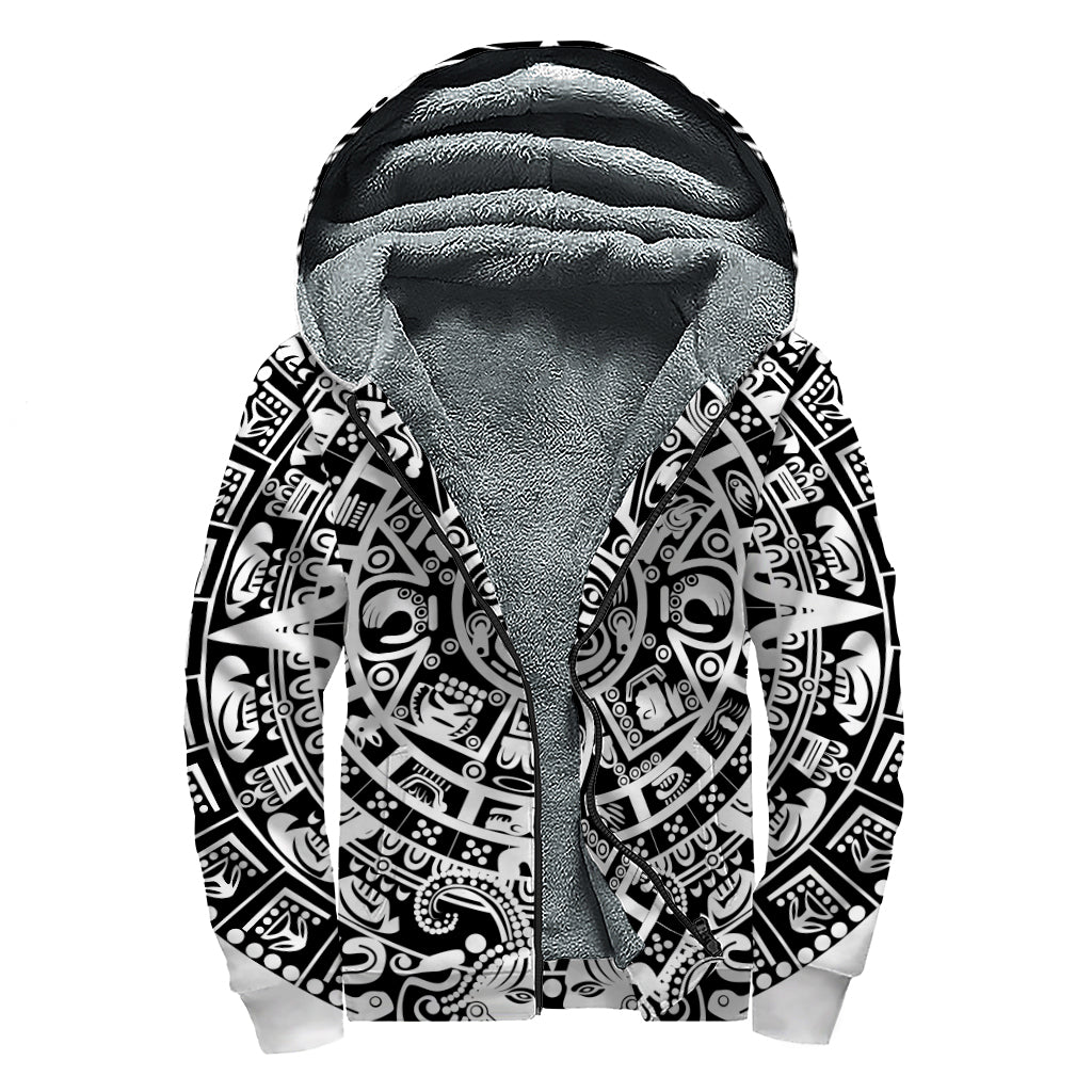 White And Black Maya Calendar Print Sherpa Lined Zip Up Hoodie