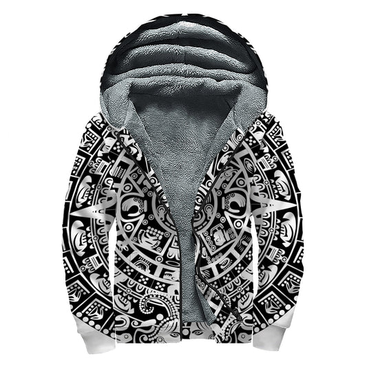White And Black Maya Calendar Print Sherpa Lined Zip Up Hoodie