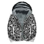 White And Black Maya Calendar Print Sherpa Lined Zip Up Hoodie