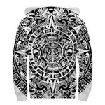 White And Black Maya Calendar Print Sherpa Lined Zip Up Hoodie