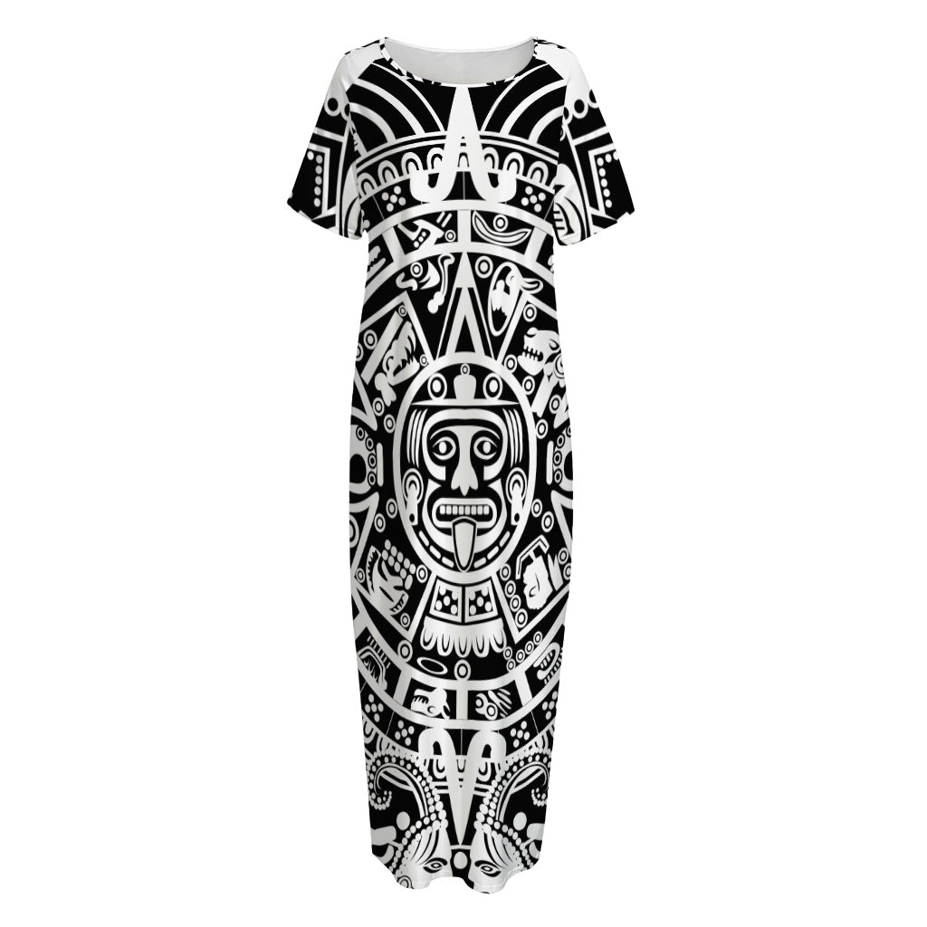 White And Black Maya Calendar Print Short Sleeve Long Nightdress