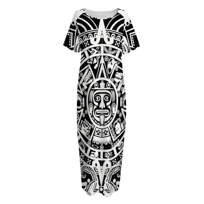 White And Black Maya Calendar Print Short Sleeve Long Nightdress