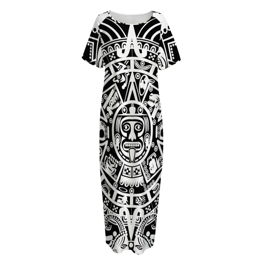 White And Black Maya Calendar Print Short Sleeve Long Nightdress