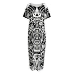 White And Black Maya Calendar Print Short Sleeve Long Nightdress