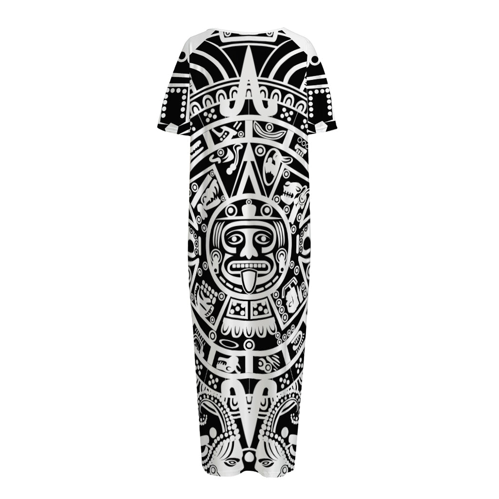 White And Black Maya Calendar Print Short Sleeve Long Nightdress