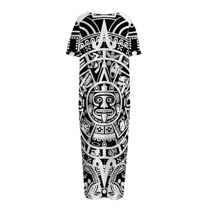White And Black Maya Calendar Print Short Sleeve Long Nightdress