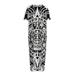 White And Black Maya Calendar Print Short Sleeve Long Nightdress